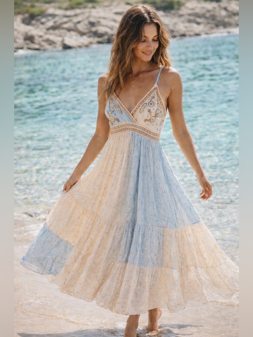 Romantic Boho Maxi Dress Embroidered Pearl Beaded Patchwork Festival Dress OS